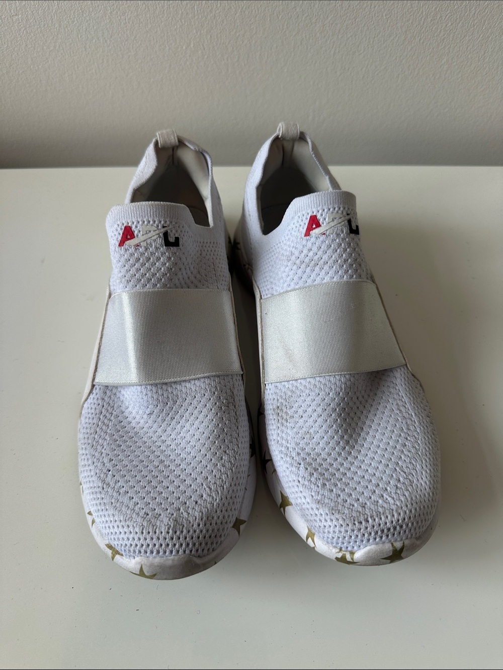 White Techloom Bliss APL Slip-On Knit Sneakers with Elastic Band and Star-Print